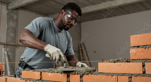 Focused bricklayer building an interior brick wall. Male construction worker using a trowel to apply mortar. Skilled labor and craftsmanship concept.