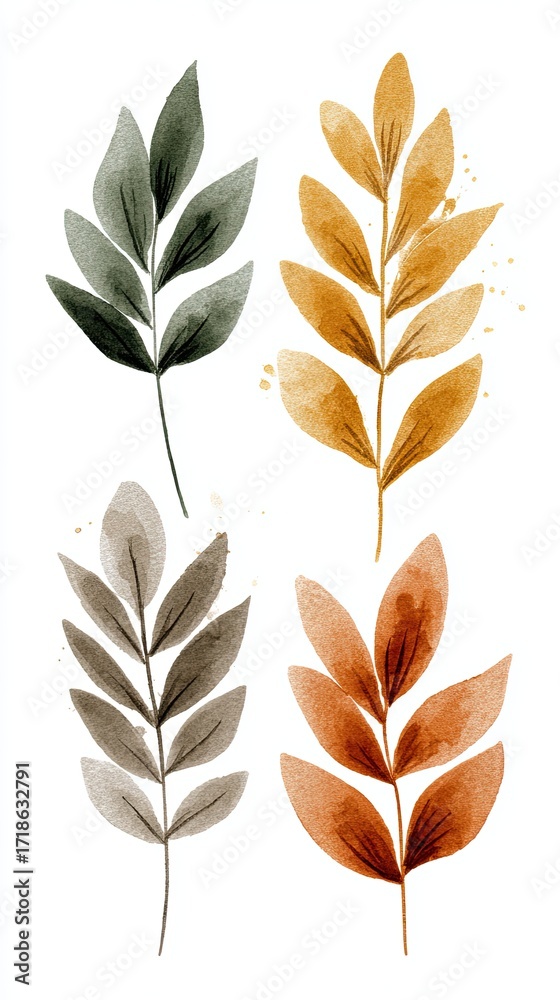Obraz premium A vibrant watercolor illustration featuring various leaves in shades of green, gold, and brown, showcasing natural beauty and artistic expression.