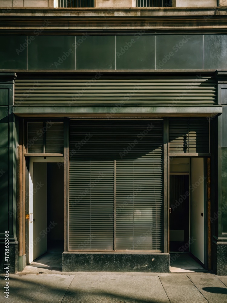 Fototapeta premium Abandoned storefront with closed sign on exterior wall facade