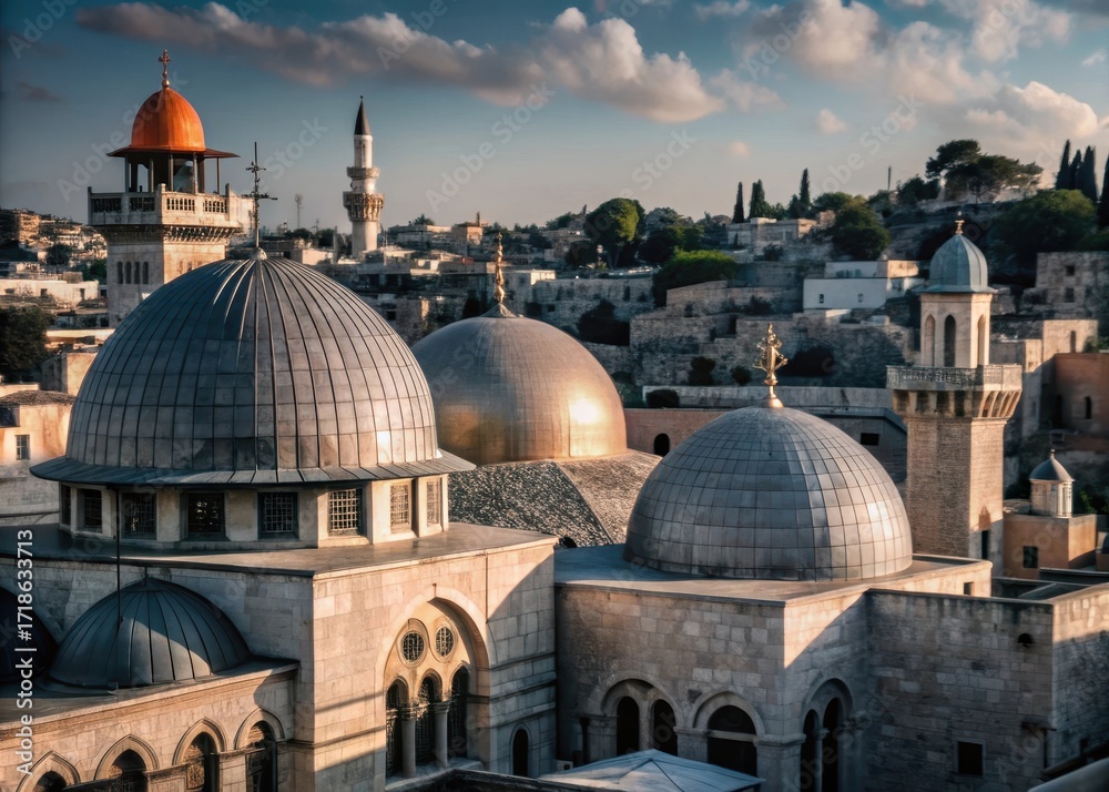 Fototapeta premium Ancient Jerusalem cityscape with stone walls and domes in Art Deco style
