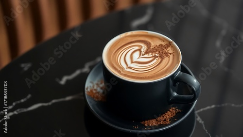 Mocha latte in a matte black cup, chocolate swirls and cocoa powder on the saucer, elegant high-end café setting
