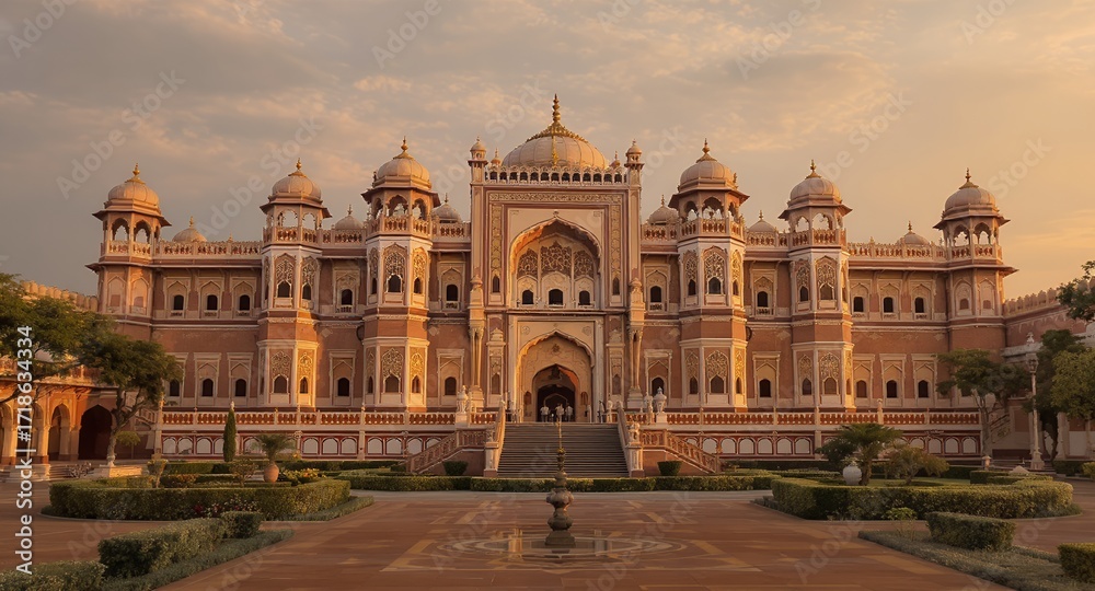 Obraz premium Grand Palace Architecture, Majestic Building Exterior, Sunrise Golden Hour, Ornate Design, Indian Architectural Style, Historical Landmark, Travel Destination, Palace Courtyard, Symmetrical Facad