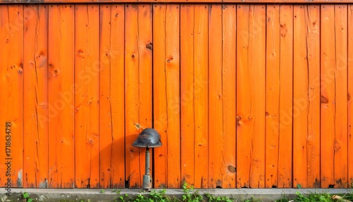 Orange wooden fence with a dark helmet
