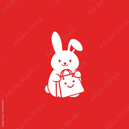 Cute white bunny holding a shopping bag on a red background illustration