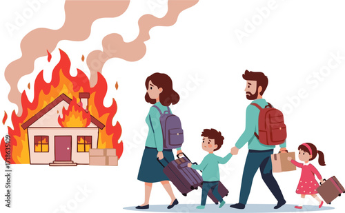 Family Evacuating Burning Home, Carrying Luggage, Leaving Behind Destruction and Smoke.
