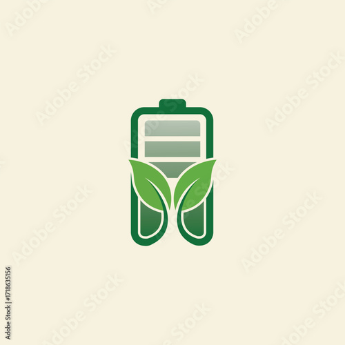 Green battery with leaves representing ecofriendly energy on light background