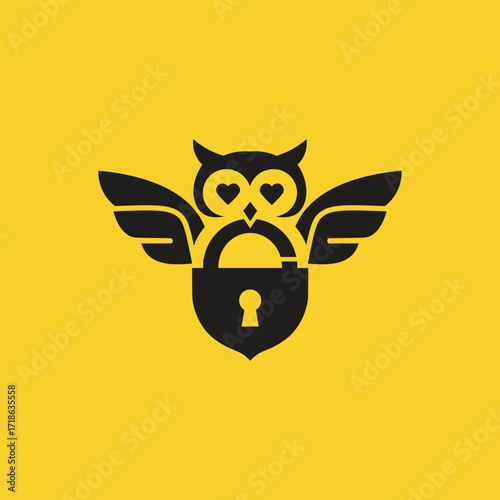 Owl logo with wings and lock shaped eyes guarding a lock on a yellow background