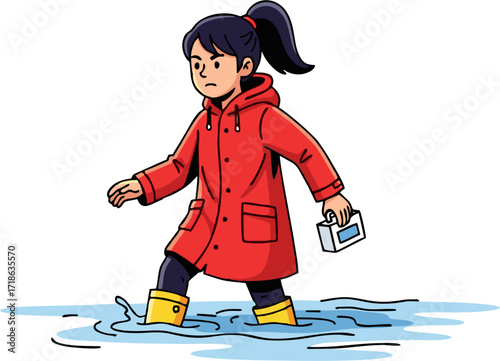 Girl in Red Raincoat Wading Through Floodwaters