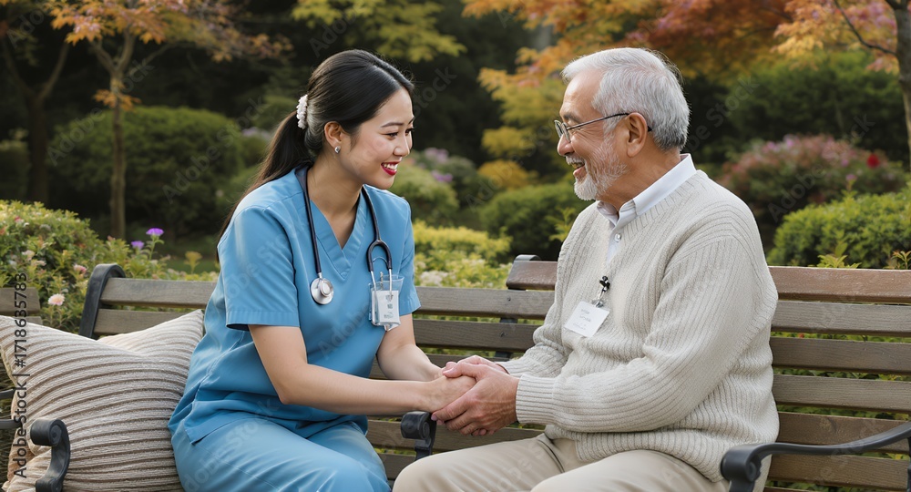 Obraz premium Healthcare worker holding hands with senior patient outdoors on bench
