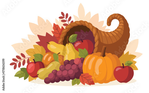 Thanksgiving cornucopia with fruits, vegetables, and autumn leaves on white background