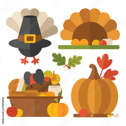 Thanksgiving icons with pilgrim turkey and harvest elements