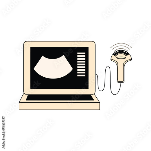 Ultrasound machine with transducer and screen displaying an image.