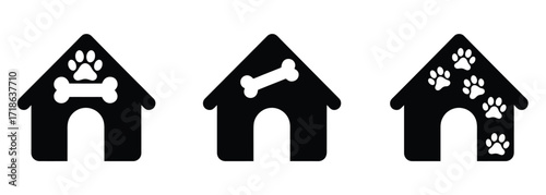 WebAdorable dog house collection with cute paw prints and tasty bone treat icons, perfect for pet lovers and veterinary themes, creating a welcoming and playful atmosphere