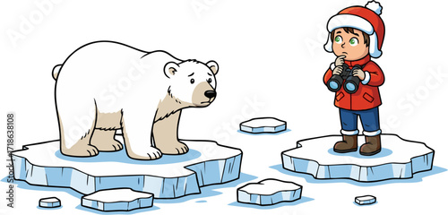 Sad Polar Bear and Observing Child on Melting Ice Floes