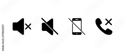 Mute speaker, no mobile phone, and call cancel icon. Silence, do not disturb, and telephone disable symbol