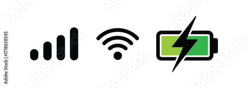 WebStay connected and charged up with these sleek icons representing wifi signal strength and a full battery, perfect for technology and communication projects needing a modern, energetic feel