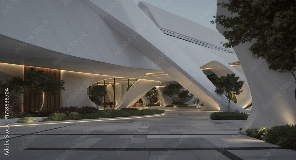 Fototapeta premium Modern Architectural Design Curved Concrete Structure with Landscaping and Lighting at Dusk