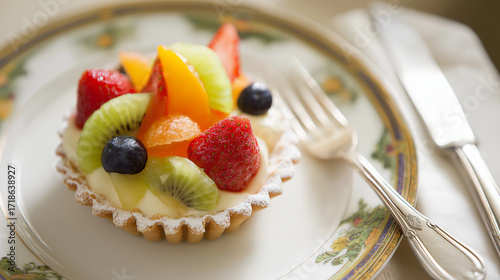 Delicate French Dessert on Fancy Porcelain Plate, Softly Lit French Cafe, Fine Sugar Icing, Vibrant Fruits, Sweet Aroma, Medium Focus, F/2.8 Aperture, 1/60s Shutter, ISO 200, Window Natural Light, Ove