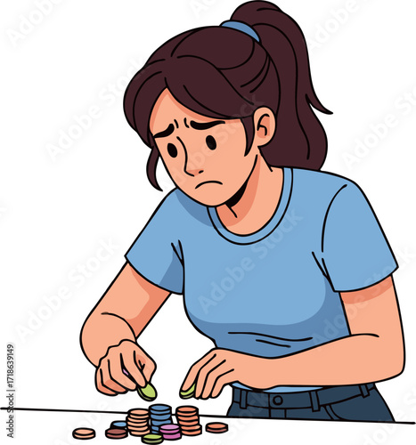 Worried Woman Counting Small Coins, Expressing Financial Concerns and Anxiety.