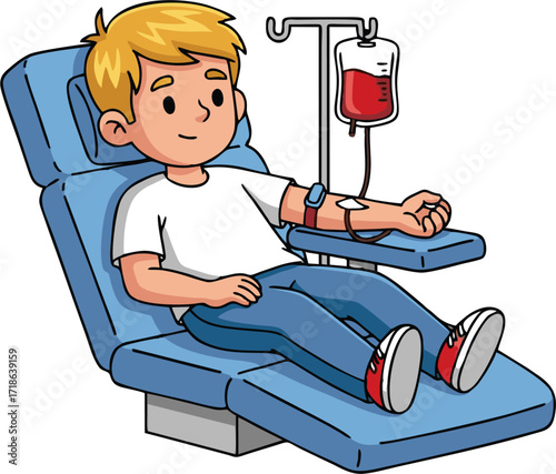 Young Boy Donating Blood, Cartoon Illustration