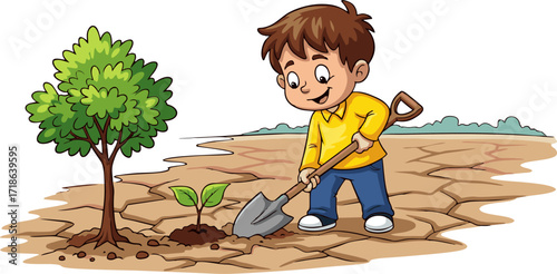 Young Boy Planting Sapling in Dry Cracked Earth