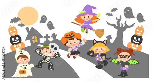 ハロウィン仮装をした子供たちのイラスト