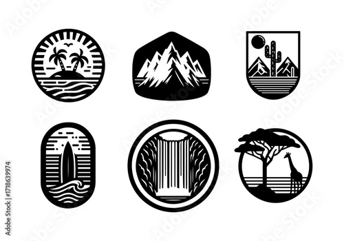 Black and White VintageTravelling Badge Collection Vector by AZ for UI/UX, Books, Design and Decoration Asset