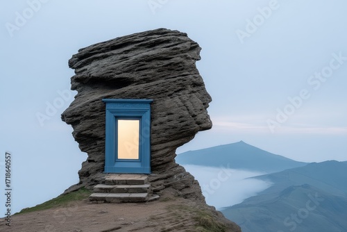 Stone head with blue door on mountaintop