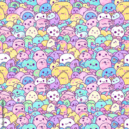 Adorable kawaii doodle seamless pattern. A cheerful crowd of cute cartoon monsters in vibrant pastel colors. Whimsical background for kids' wallpaper or nursery decor.