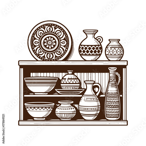 Rustic Kitchen Shelves — Hand‑Drawn Pottery Still Life
