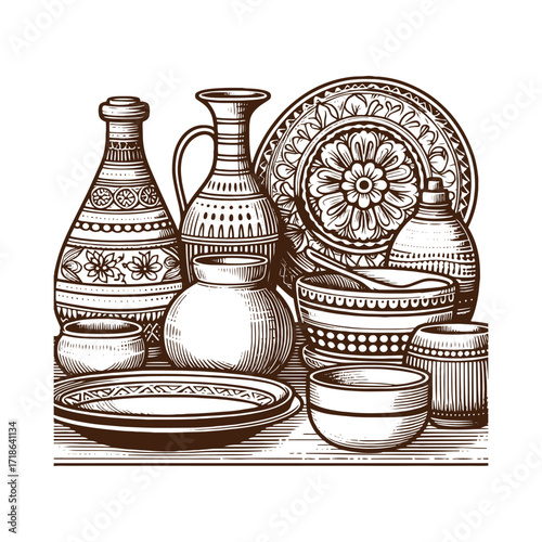 Rustic Kitchen Shelves — Hand‑Drawn Pottery Still Life