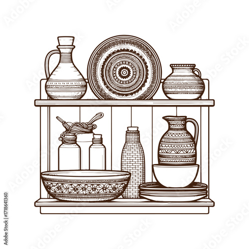Rustic Kitchen Shelves — Hand‑Drawn Pottery Still Life