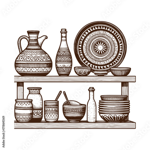 Rustic Kitchen Shelves — Hand‑Drawn Pottery Still Life