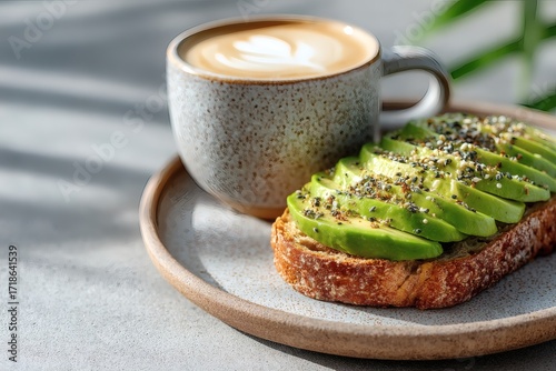 Delicious Avocado Toast with Coffee Cafe Setting Food Photography Bright Ambiance Close-up View