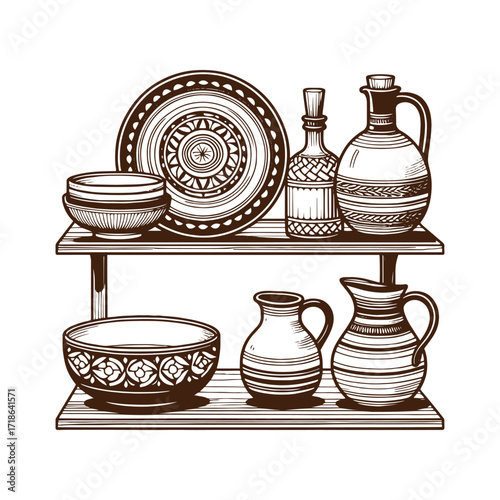 Rustic Kitchen Shelves — Hand‑Drawn Pottery Still Life