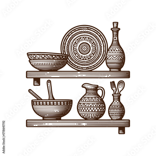 Rustic Kitchen Shelves — Hand‑Drawn Pottery Still Life