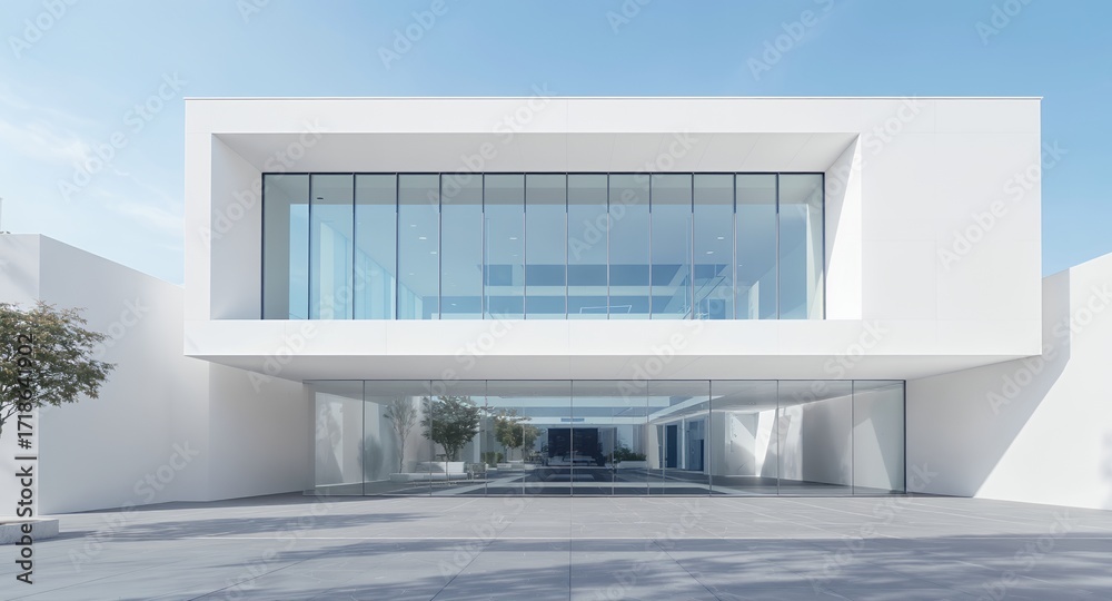 Fototapeta premium Modern White Building Exterior, Minimalist Architecture, Glass Facade, Contemporary Design, Clean Lines, Sunlight, Daytime Shot