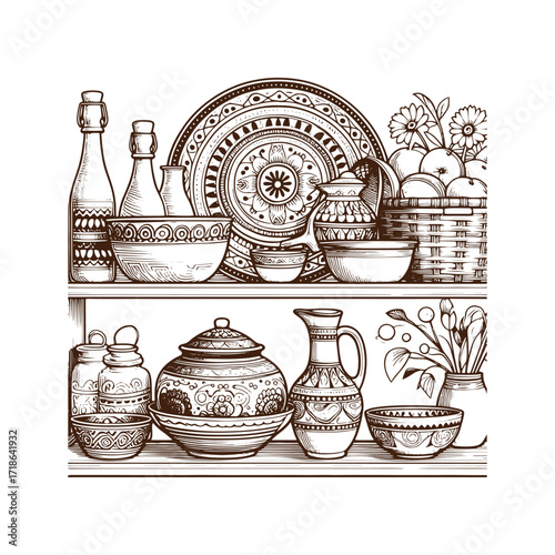 Rustic Kitchen Shelves — Hand‑Drawn Pottery Still Life