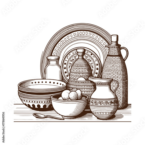 Rustic Kitchen Shelves — Hand‑Drawn Pottery Still Life