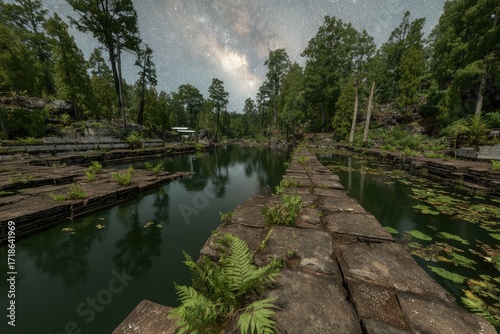 Abandoned canal at night, reflecting starry sky