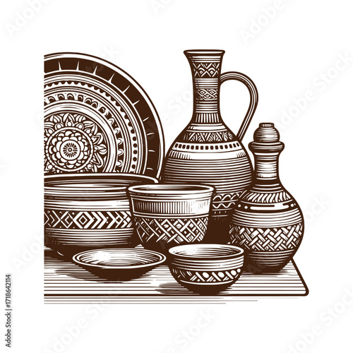 Rustic Kitchen Shelves — Hand‑Drawn Pottery Still Life