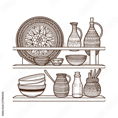 Rustic Kitchen Shelves — Hand‑Drawn Pottery Still Life