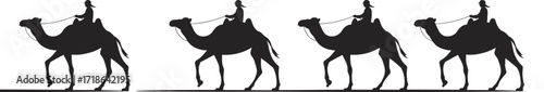 Camel caravan silhouettes, desert travel icons, rider and animal graphic, black and white design, journey vector, nomadic transport illustration, cultural exploration symbol