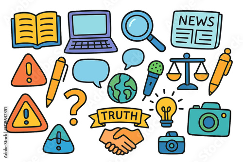 Media Literacy Icons. Colorful Hand-drawn doodle Children illustration Media literacy [open book, laptop, magnifying glass,