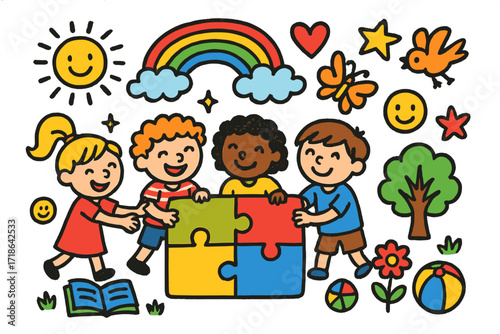 Kids Doodle Collaboration. Colorful Hand-drawn doodle Children illustration Working Together group of kids, puzzle, rainbow, heart