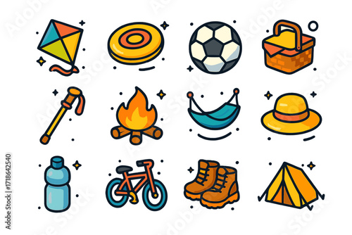 Outdoor Fun Icons. Outdoor fun. Colorful isometric vector icons set of outdoor fun: kite, frisbee, soccer ball, picnic basket,