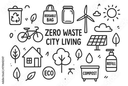 Zero Waste Icons. Hand-drawn doodle illustration Zero waste city living [recycle bin, reusable bag, glass jar, bicycle, solar