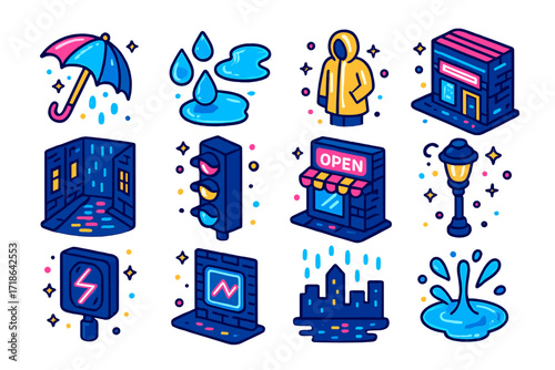 Neon Rain Icon Set. Colorful isometric vector icons set of neon rain: glowing umbrella, neon raindrops, reflective puddles, person