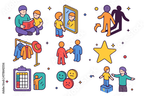 Role Model Icons. Colorful isometric vector icons set of Role modeling and imitation: parent reading book, child copying action,