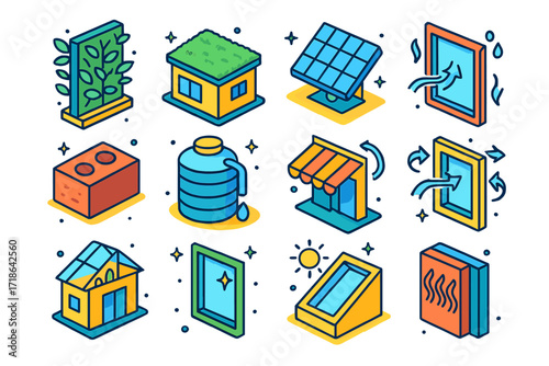 Sustainable Building Icons. Colorful isometric vector icons set of architectural trends for healthy, green buildings: vertical